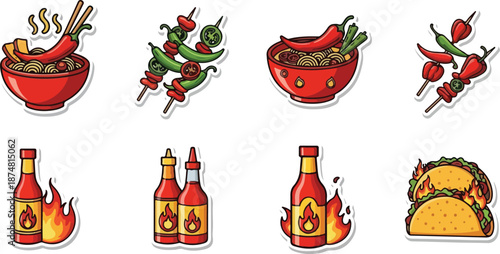 A collection of spicy food icons including chilies, tacos, and hot sauce bottles on a white background