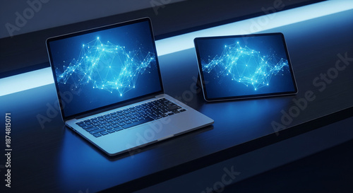 Wallpaper Mural Modern laptop and tablet displaying glowing digital network on screens in dark room Torontodigital.ca