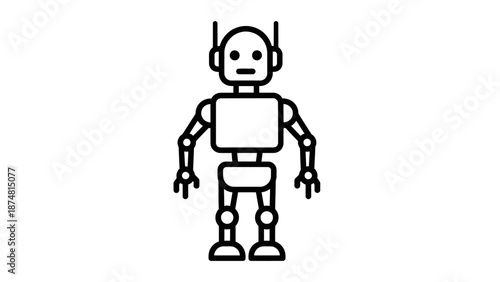 Simple outline drawing of friendly cartoon robot character with antennas and jointed limbs representing artificial intelligence and technology