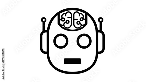 Outlined vector portrait of cute robot avatar head featuring internal artificial intelligence brain structure representing cognitive abilities and digital thinking processes