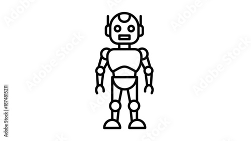 Simple robot icon, standing front view, representing artificial intelligence, automation, futuristic technology, and robotics, line art