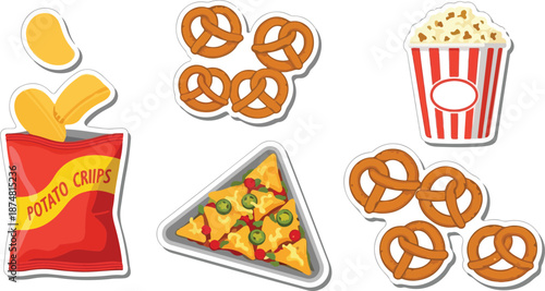 A collection of delicious snacks including potato chips, pretzels, nachos, and popcorn, perfect for parties or casual enjoyment