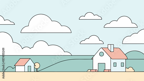 Rural scene with a small house, tree, and rolling hill under a blue sky with clouds