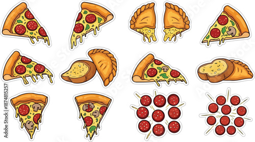 A Collection of Delicious Pizza Slices, Toasted Garlic Bread, and Savory Empanadas, Perfect for Food Lovers