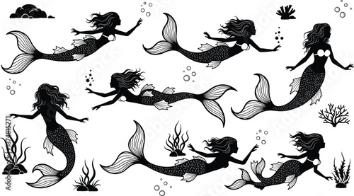 Vector Silhouette Collection of Beautiful Mythical Mermaids Swimming Underwater with Decorative Seaweed Coral and Bubbles Isolated on White Background for Fantasy and Nautical Graphic Designs (2