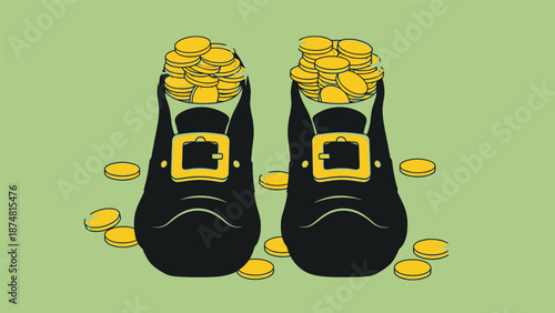 Black Shoes Filled with Gold Coins.