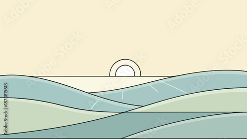 Serene landscape with rolling hills and a partially obscured sun at sunrise or sunset