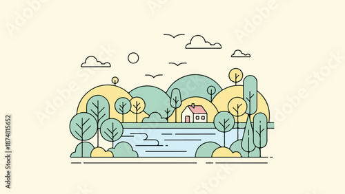 Serene rural landscape with rolling hills, winding river, and quaint house with red roof