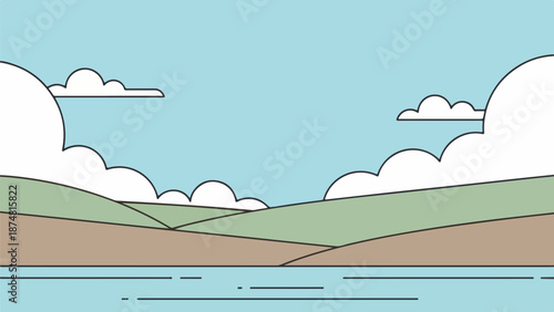 Serene landscape with rolling green hills, still water, and light blue sky with scattered clouds