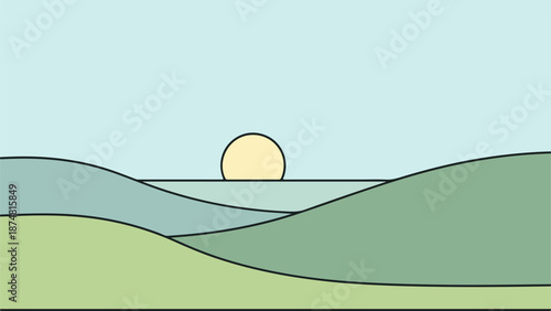 Minimalist landscape illustration with a pale sky, blue waterline, and rolling green landmasses