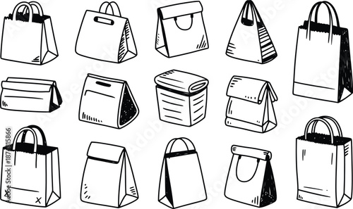 Hand-Drawn Collection of Various Paper Bags and Shopping Bags