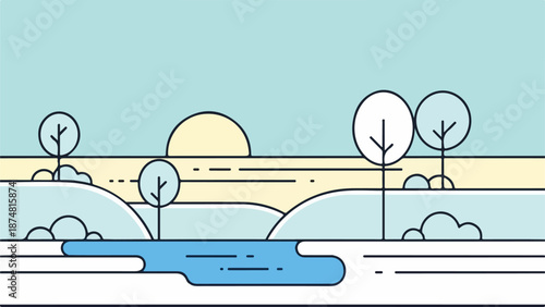 Minimalist illustration of a serene natural landscape with a lake, rolling hills, and a gradient sky