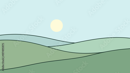 Rolling hills with a neutral gray sky and partially obscured yellow sun