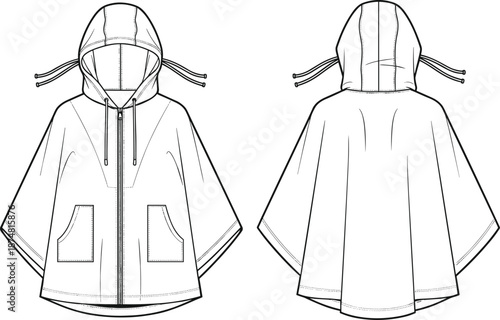 Hooded poncho jacket technical fashion illustration, front and back view cape coat, cad drawing flat vector illustration