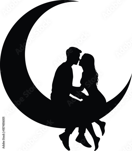 Silhouette couple kissing under crescent moon
