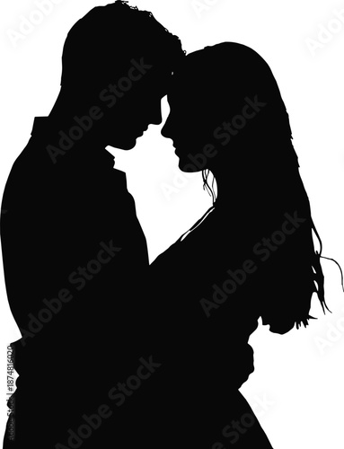 Silhouette of a couple kissing with long hair black and white
