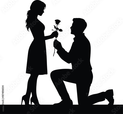 Silhouette of man proposing with rose to woman proposal