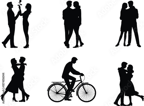 Silhouettes of couples in romantic poses with a bicycle