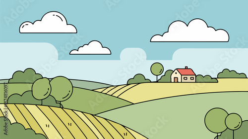 Rural landscape with rolling hills, green fields, and a small house with a red roof