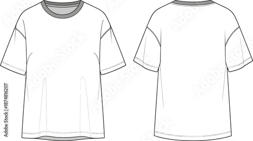 Technical Fashion Flat Sketch of Oversized Hoodie and Crew Neck T Shirt Set Featuring Drop Shoulders Front and Back View