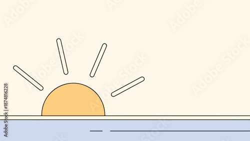 Minimalist illustration of a sunrise or sunset over a body of water with a stylized sun and blue water