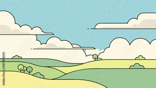 Illustration of a serene countryside landscape with rolling hills, pastel skies, and scattered vegetation