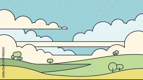 Stylized countryside landscape with rolling green hills, a calm body of water, and a cloud-filled sky