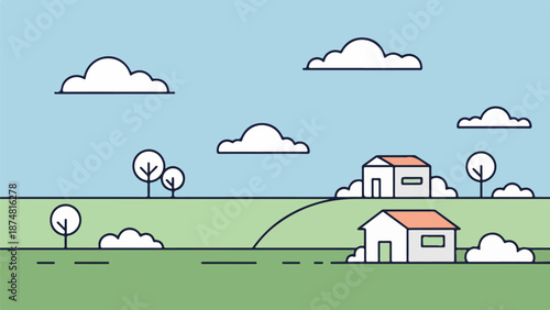 Rural illustration of a small white house with an orange roof in a verdant field under a clear blue sky
