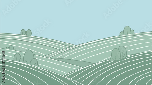 Minimalist landscape illustration of rolling hills with trees and a light blue sky
