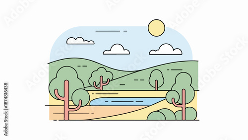 Desert landscape with cacti, shrubs, winding path, rolling hills, and tranquil light blue water under a soft blue sky with white clouds