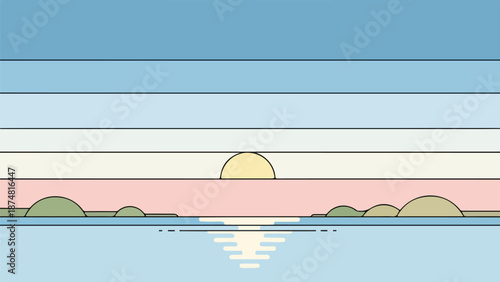 Minimalist sunset over calm waterfront with gradient sky and reflective water