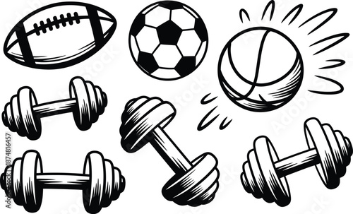 Sports and Fitness Equipment Football, Soccer, Basketball, Dumbbells