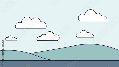 Minimalist landscape illustration with rolling hills, partly cloudy sky, and body of water