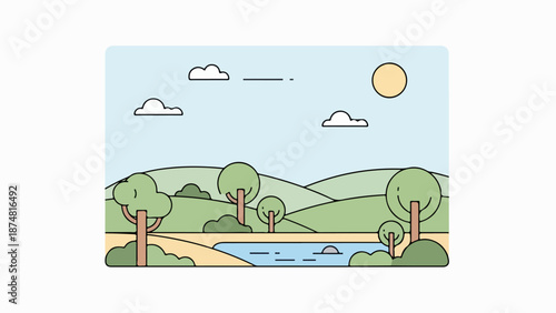 Winding dirt path through a tranquil countryside landscape with a river and rolling hills