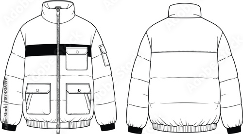 Men padded puffer jacket technical sketch, fashion CAD drawing flat vector illustration, winter outerwear apparel design, front and back view