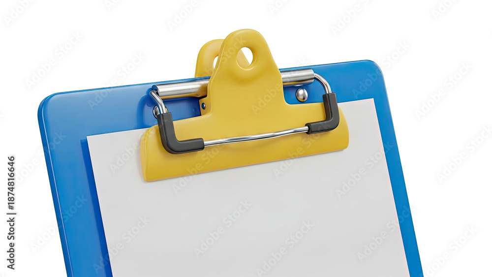 Fototapeta premium Blue and yellow clipboard with white paper