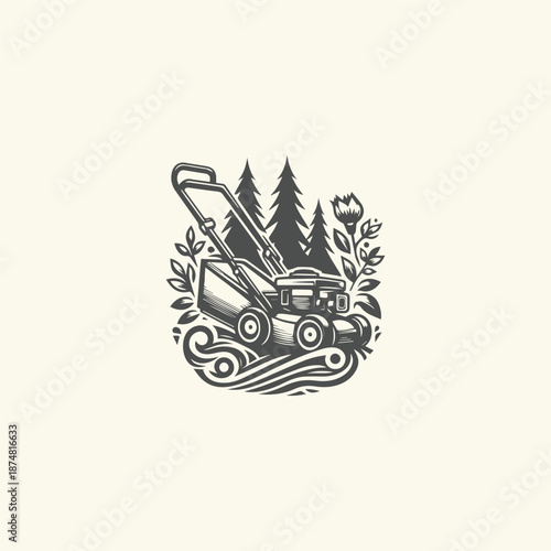 Lawn mower logo template in engraving style