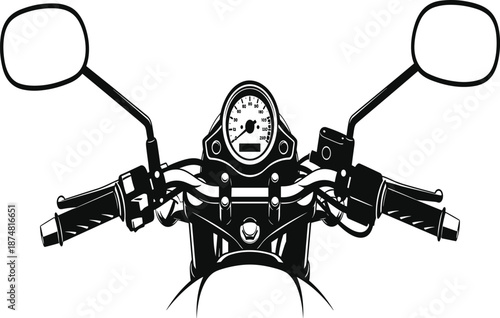 Motorcycle handlebars vector illustration with speedometer and mirrors from the riders perspective, black and white biker point of view isolated on white, transport.