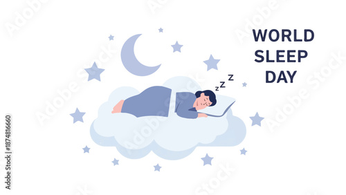 Illustration of a person sleeping on a cloud with stars and a crescent moon, surrounded by World Sleep Day text in a whimsical flat design.