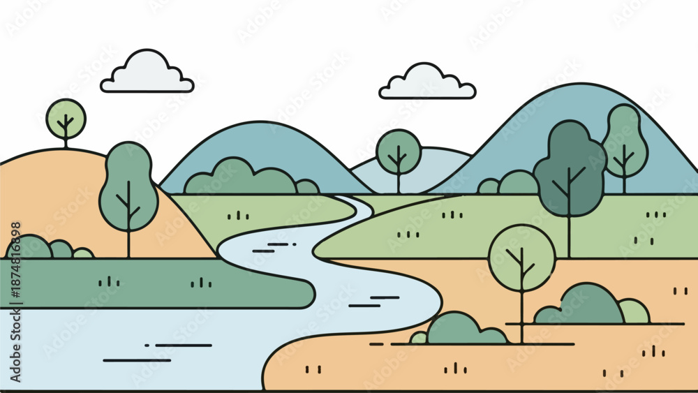 Obraz premium Winding river flowing through lush natural landscape with mountains in the background