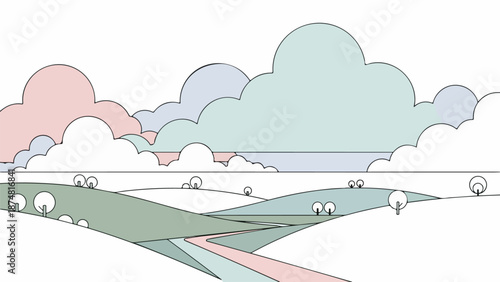 Serene landscape with rolling hills and lush green vegetation under a pastel sky