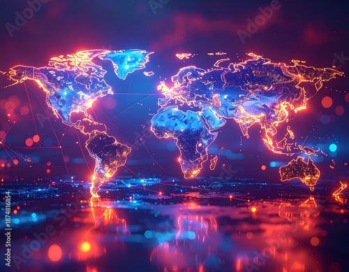 Global network connection with neon lights on dark background.