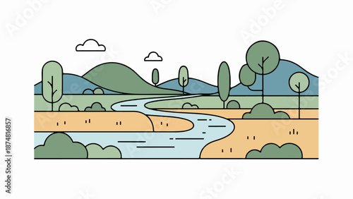 Tranquil valley with winding river and rolling hills under overcast sky