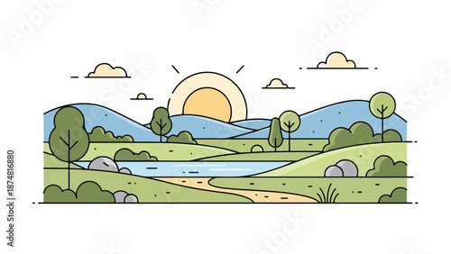 Serene countryside landscape with lush green foliage, flowing river, rolling hills, and majestic mountains