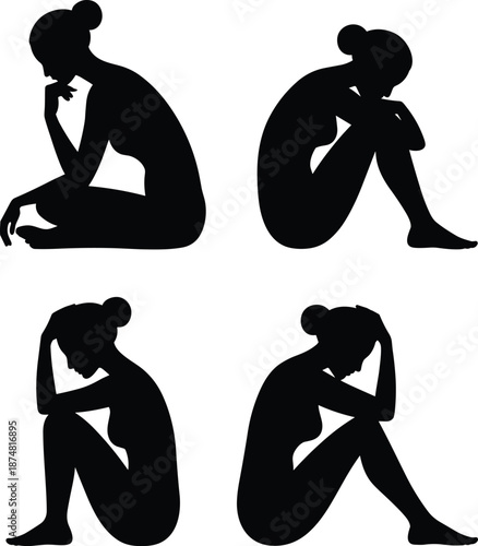 Four Black Silhouettes of People Sitting in Distressed Poses