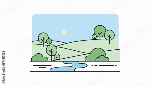 Minimal rolling hills landscape with stream and trees