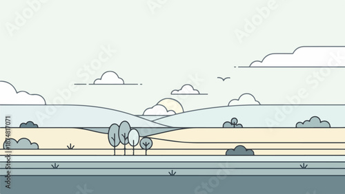 Panoramic muted landscape with layered fields clouds and small trees