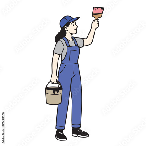 Vector illustration of a female painter working with a brush, carefully applying paint with focused expression, symbolizing skill, creativity, craftsmanship, and dedication in professional artistic.
