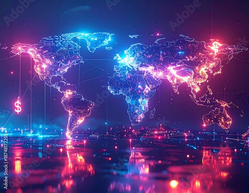 Global Network Connections with Neon Lights and Currency Symbols.