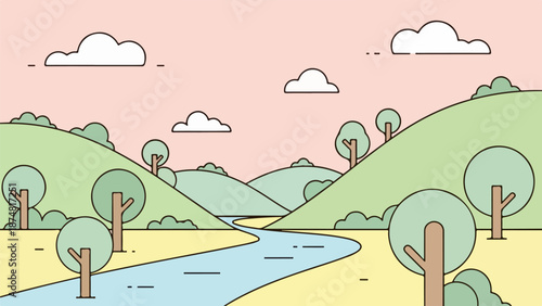 Serene landscape illustration with a winding river, rolling hills, and pastel sky